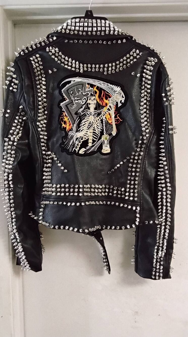 NWOT~AZALEA WANG Black AC/DC Punk Rock Studded Patchwork Moto Jacket Sz XL - Picture 7 of 11